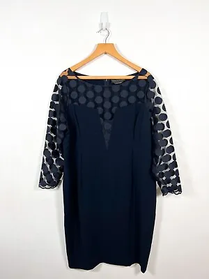 Marina Rinaldi Dress UK 24 Blue Bodycon Formal Evening Mesh Polka Dot Detail • £59.98