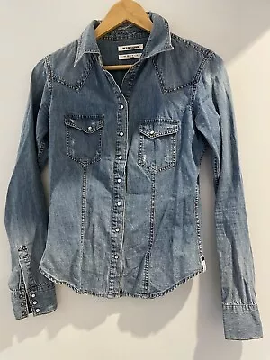 One Teaspoon Size XS Zeppelin Pearl Snap Button Front Western Denim Shirt Top • $20