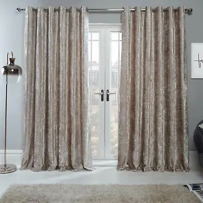 Sienna Crushed Velvet Pair Of Fully Lined Eyelet Curtains Natural Champagne • £19.99