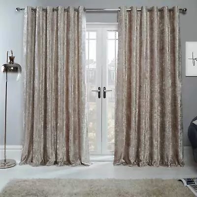 Sienna Crushed Velvet Pair Of Fully Lined Eyelet Curtains Natural Champagne • £19.99