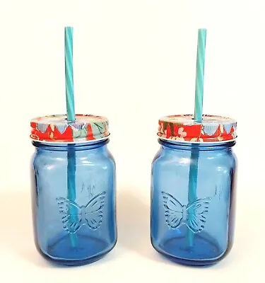 Pioneer Woman Cobalt Blue Glass Mason Drinking Jar Mug Cup Floral Lid Set  • $24.95
