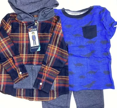 Boys Size 5 Andy & Evan 3-Piece Pants Set Outfit Hooded Flannel & T-Shirt  Dino • $25.46