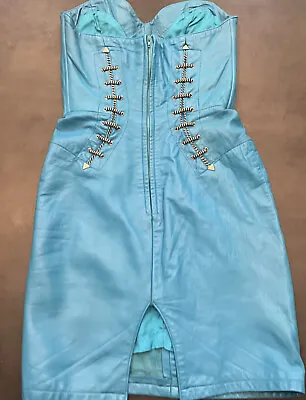 Vintage Michael Hoban North Beach Leather  Mini Aqua Ocean Blue DRESS Size P • $195