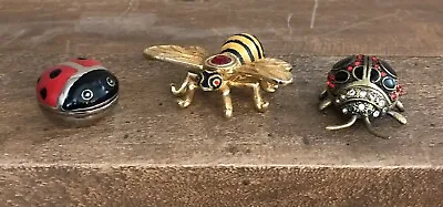 Set Of 3 Enamel Metal Jeweled Bejeweled Lady Bug Bee Hinged Trinket Box Pill Box • $39.99