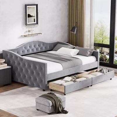 Beige/Grey Modern Upholstered Button Tufted Full Size Day Bed W/2 Storage Drawer • $349.99