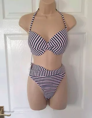 BNWT Fat Face Bikini Bretton Plunge Size 16 Red White Blue Stripe  • £25
