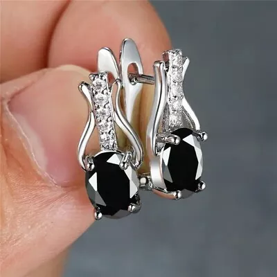 2Ct Oval Cut Lab-Created Black Spinel Hoop Pretty Earrings 14K White Gold Plated • $98.99