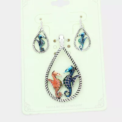 Teardrop Pendant SET Necklace Earrings Metal Sea Life SEAHORSE Sea Shell Jewelry • $12.99