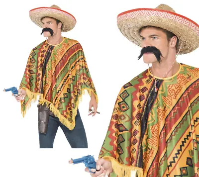 Poncho + Black Moustache Mexican Spanish Mens Wild West Fancy Dress Costume • £12.99