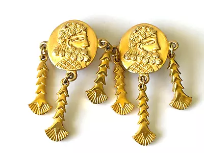 Vintage Signed Vendome Etruscan Revival Coin Statement Runway Earrings *  Rare • $59.99