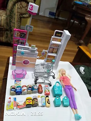 Barbie SUPERMARKET Shop TrolleyShelfTill DOLL ClothesShoes FOOD GroceryItems LOT • $19.99