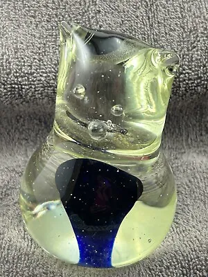 Blue Art Glass Cat Figurine Cobalt Sommerso Clear Bottom • $24