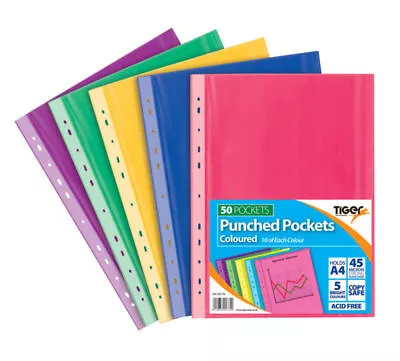 50 X A4 Coloured Punched Pockets Strong Polly Sleeve Wallets Ringbinder File • £7.49