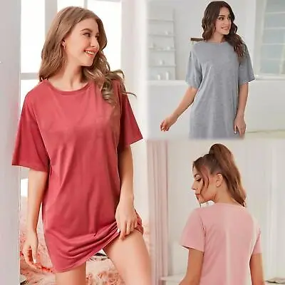 Women's Plain Cotton Night Wear Long T-shirt Front Pocket Short Sleeve Nightwear • £5.99