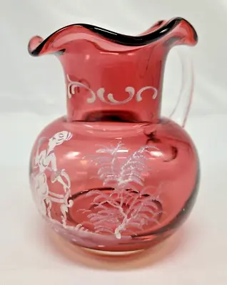 Vintage Cranberry Glass Mary Gregory Style Milk Jug - 9cm Tall - Clear Handle • $34.97