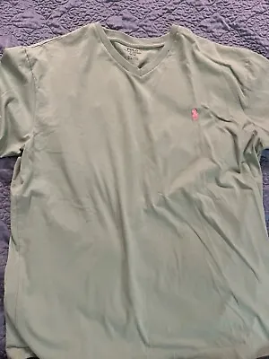 Polo Ralph Lauren Green T Shirt Mens M Pink Logo V-Neck • $13