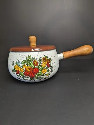 (S-9) 1970s ENAMEL  Floral Sauce  Pan With Lid • $15