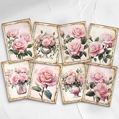 Vintage Floral Pink Roses Shabby Chic Cards Tags Journal Card Making Supplies • £2.80