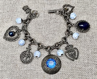 Vintage Charm Bracelet Paris Blues Antique French Theme Fleur De Lis Lovely! • $28