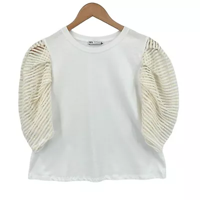 Zara Tee Shirt Top Women Small White Puff Sheer Sleeve Casual Crew Neck Pullover • $17.59