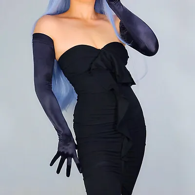 SATIN GLOVES Stretch Silk Opera Evening Extra Long 70cm 28' Hepburn Black • $16.99