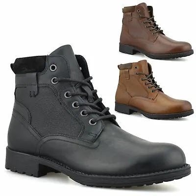 Mens Leather Combat Lace Up Military Walking Work Ankle Biker Boots Shoes Size • £21.58