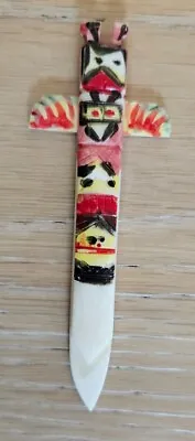 Totem Pole Bookmark Bone Vintage Hand Carved Bone Painted Colorful Page Saver • $12