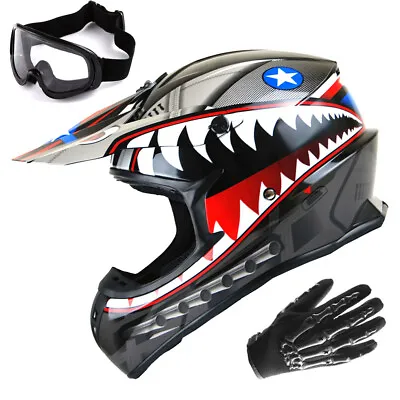 1Storm Motocross Helmet SC09S Monster Shark + Goggles + Skeleton Glove Bundle • $79.95