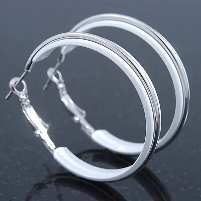 £7.99 • Buy White Enamel Hoop Earrings In Silver Tone - 40mm D - Medium Size