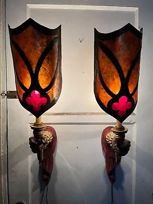 Vintage Italian Wooden Carved Hand  Wall Sconce With Venetian Shades • $3500