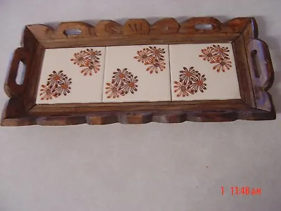 Vintage Wooden Serving Tray With Framed Ceramic Tiles And Handles BOHO Chic • $29.99