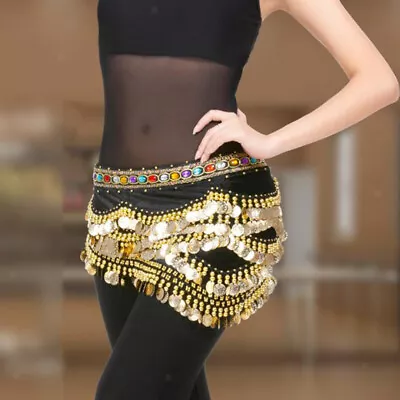 Velvet Dangling Gold Coins Belly Dancing Hip Skirt Scarf Wrap Belt Black • £15.84