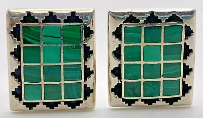 Navajo Tèmè Sterling Silver Malachite Checkerboard And Onyx Inlay Clip Earrings • $35