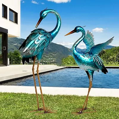 Garden Crane Statues For Outdoor Blue Heron Metal Birds Yard Art Ornaments • $70.19
