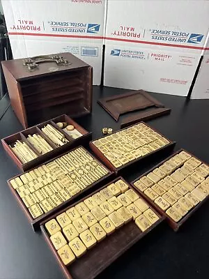 Antique Chinese Mahjong Set In Cabinet 137 Tiles Bamboo/Bone - Early 1900's • $219.99