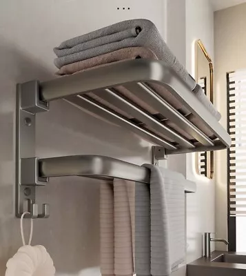 60cm Space Aluminium Wall Mounted Bathroom Foldable Towel Rail Rack Holder Grey • $29.99