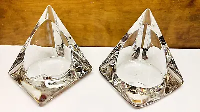 Vintage Set Of 2 Nybro Sweden Ice Glass Pyramid Pillar Candle Holders • $55