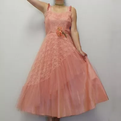 Vintage 50s Party Dress Prom Cupcake Pink Tulle Vintage Dress With Flower Detail • $307