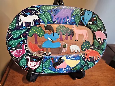 Mexican Painted Tray Mexico Girl Chicken Farm Scene Duck Goise Horse Pig Rooster • $19