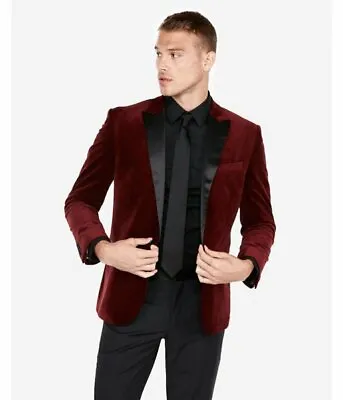 Maroon Velvet Jacket Mens Wedding Evening Party Wear Dinner Slim Fit Blazer Coat • £143.11