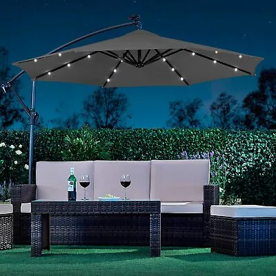 Banana Cantilever Parasol Garden Umbrella 3M Crank Handle With Solar LED Light • £55.95