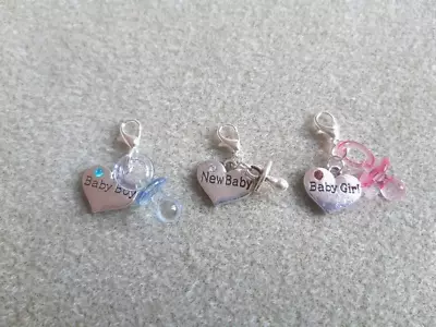 Handcrafted New Baby Rhinestone Heart & Dummy Clip-On Charms Pink Blue • £1.25