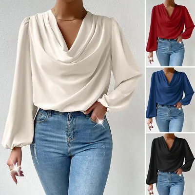 Womens Long Sleeve V Neck Tops Satin Silky Blouse Ladies Cocktail Party Shirts// • £9.44