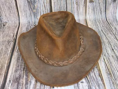 Minnetonka Brown Leather Outback Hat Braided Band Western Cowboy Hiking Sz M USA • $25.46