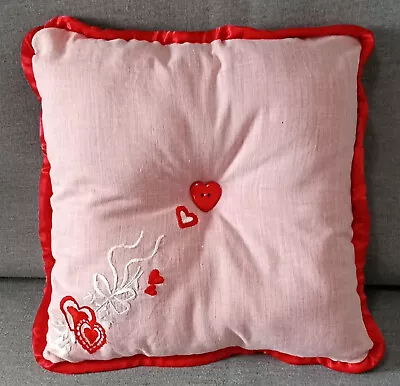 THROW PILLOW Vintage Hankie Cottage Red & White Hearts Handmade 12X12 • $4.79