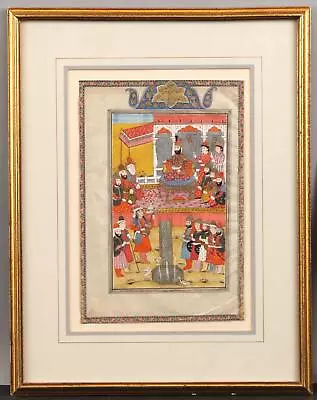 Antique 19thC India Mughal Gouache Manuscript Book Page Painting Raja & Palace • $76