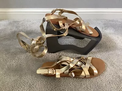 London Rebel Gold Tie Leg Strappy Flat Sandals Size 6 • £22