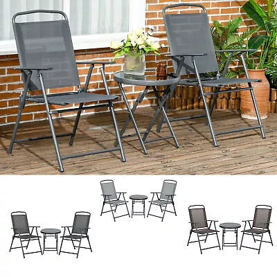 3 PCS Patio Furniture Bistro Set W/ Folding Armchairs & Glass Table • £64.99