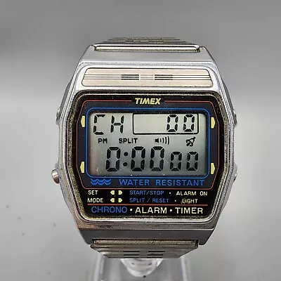 VTG Timex Watch Men 33mm Digital Silver Tone Alarm Chronograph READ!!!!! New Bat • $29.99