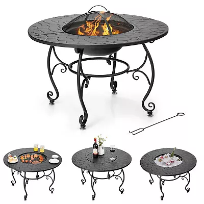 4 In 1 Outdoor Fire Pit Dining Table Round Wood Burning Fire Bowl W/ Mesh Cover • £69.95